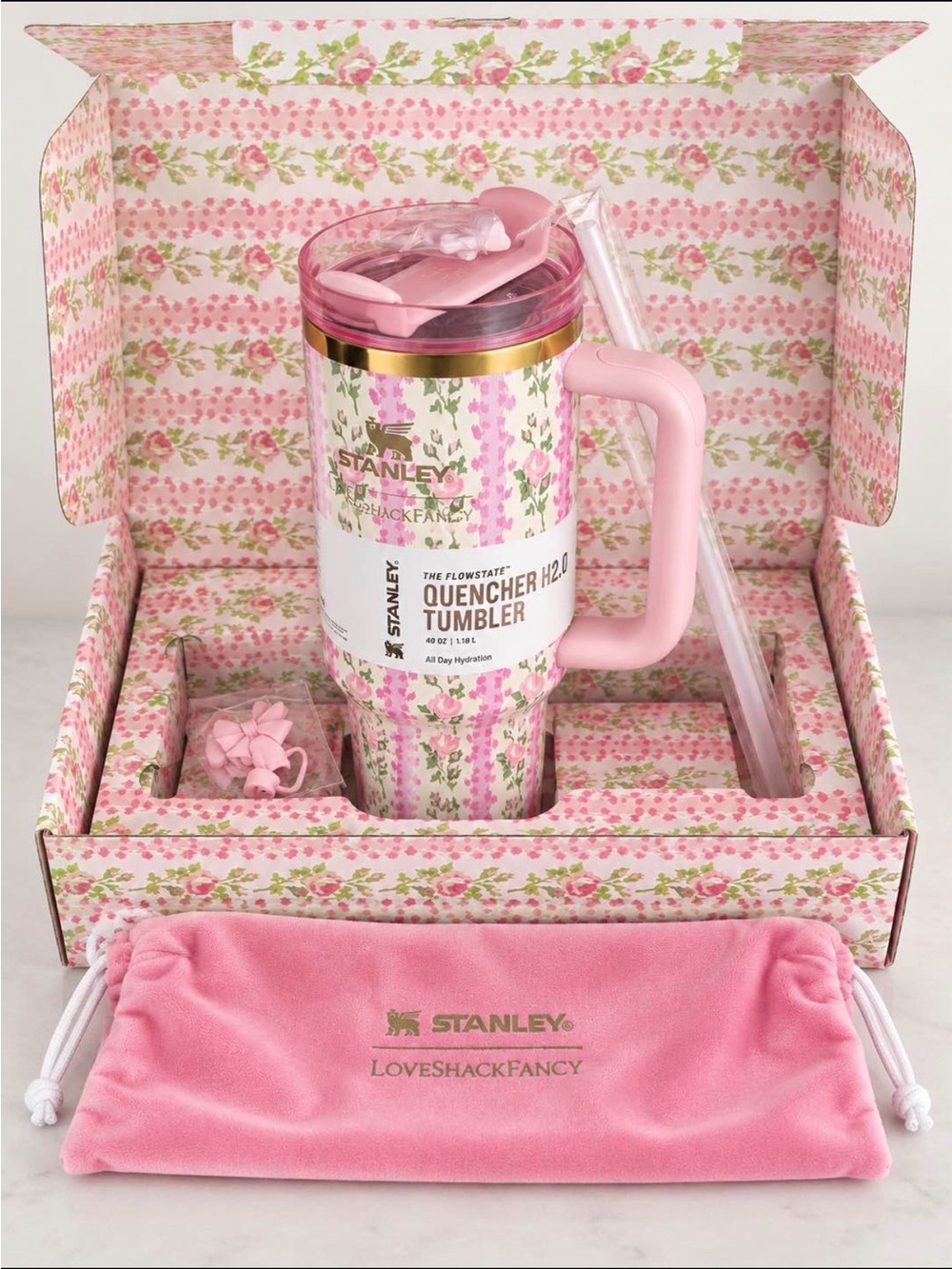 Stanley Pink Floral Travel Tumbler with Handle & Straw